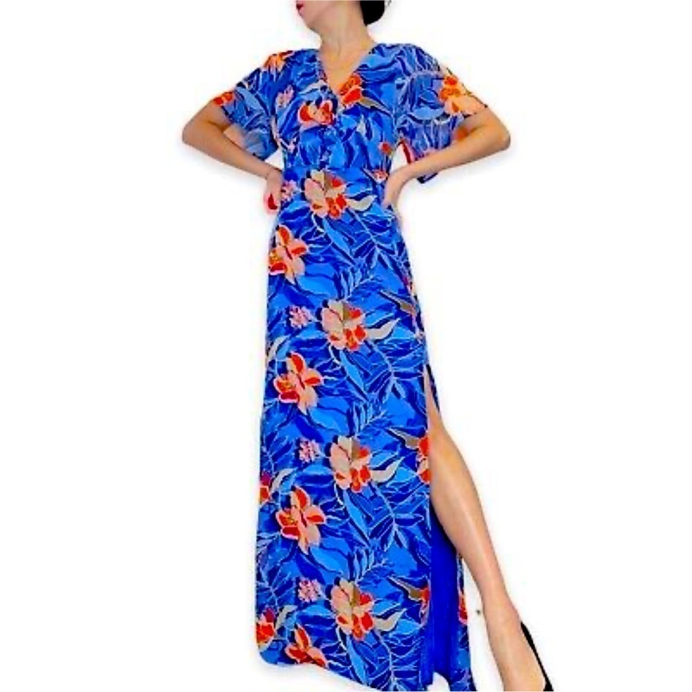 4SI3NNA Kimono Sleeve Orange Floral Blue Side Silt Aleena Maxi Dress Siz… - Picture 1 of 6